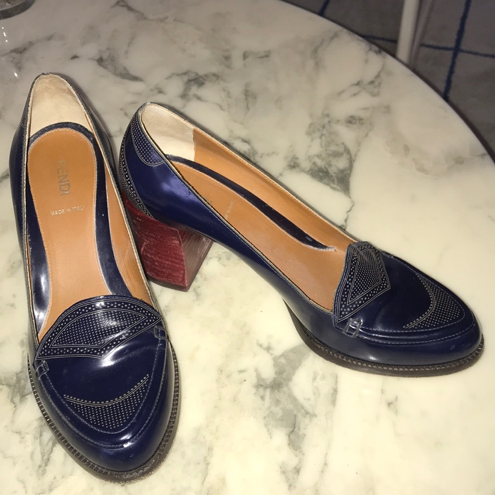 Navy Fendi Loafer Style Pumps w Red Heel Sz 8